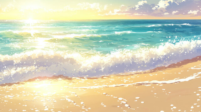 A picturesque seashore, crystal-clear water rolling onto the smooth sand, the sunlight casting a golden glow over the gentle waves