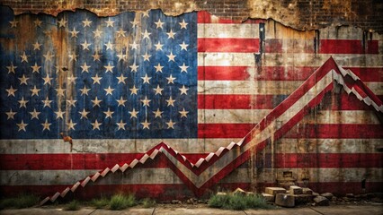Obraz premium Stock market collapse: A decaying city backdrop, the flag's faded glory reflects economic ruin.