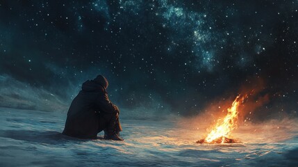 A solitary figure in a heavy coat and woolen hat, sitting by a crackling fire pit, hugging their knees under the vast, starry winter night.