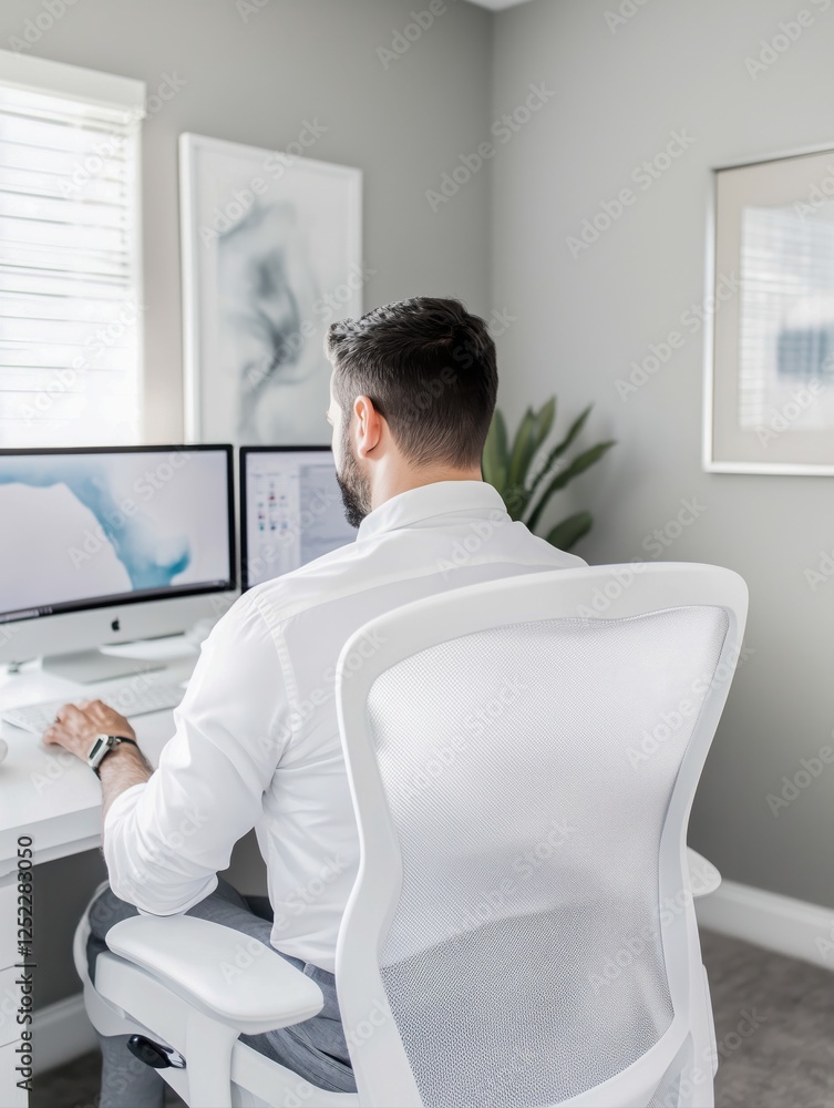 Poster man working at a modern desk with computer on office home setting, remote work concept.