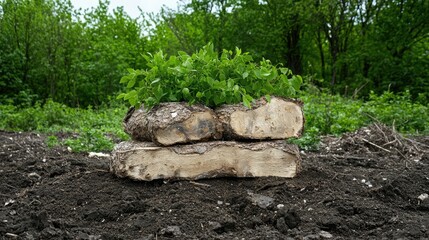 Plants sprouting from stacked wood logs in a garden