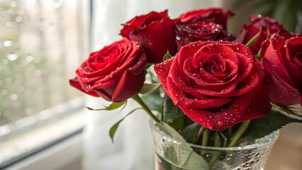Close-Up of Red Roses Bouquet in Glass Vase with Water Droplets – Soft Blurred Background & Vibrant Lighting Highlighting Romantic Beauty.