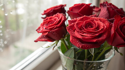 Close-Up of Red Roses Bouquet in Glass Vase with Water Droplets – Soft Blurred Background & Vibrant Lighting Highlighting Romantic Beauty.