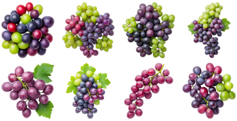 Collection of various mixed grapes scattered isolated on white transparent background PNG set