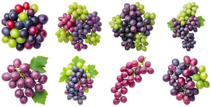 Collection of various mixed grapes scattered isolated on white transparent background PNG set