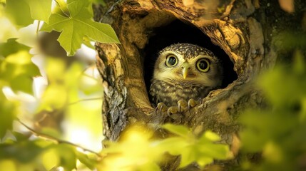 An owl chick peeking out of a hollow tree, surrounded by vibrant green leaves, illuminated by the soft glow of sunlight filtering through the canopy.