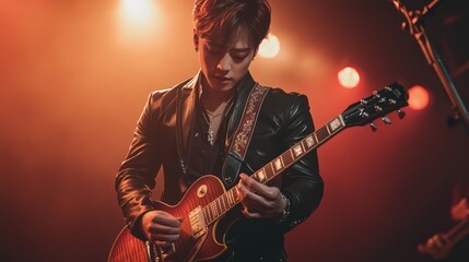 Obraz premium Male musician playing electric guitar on stage.