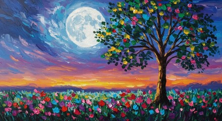 Tranquil Moonlight Landscape: A Colorful Tree and Flower Field Under a Full Moon
