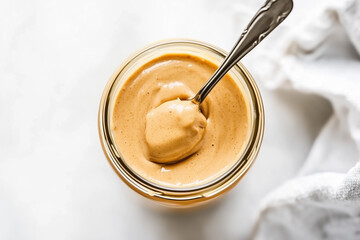 Jar of peanut butter with a spoon dipped in it isolated on a white background