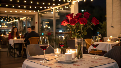Romantic Candlelit Dinner for Two with Wine, Pasta & Red Roses – Cozy Restaurant Ambiance and Soft Lighting for a Perfect Evening.