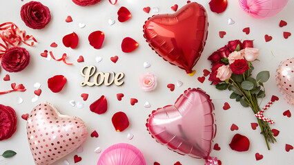 Festive Valentine’s Day Decorations Flat-Lay with Heart Balloons, Confetti, Rose Petals & ‘Love’ Sign – Vibrant Reds and Pinks for a Celebratory Mood.