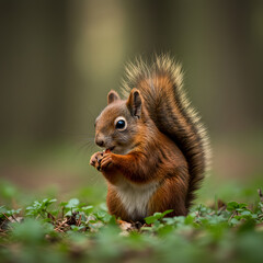 Obraz premium Red Squirrel Eating Nuts in Forest Underbrush