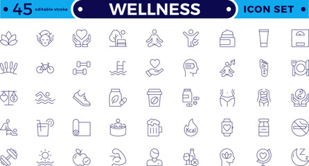 Set of outline icons related to wellness, wellbeing, mental health, healthcare, cosmetics, spa, medical, massage, yoga, spa, relaxation,  exercise, and diet. Editable stroke outline icon.