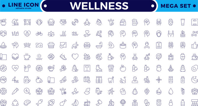 Set of outline icons related to wellness, wellbeing, mental health, healthcare, cosmetics, spa, medical, massage, yoga, spa, relaxation,  exercise, and diet. Editable stroke outline icon.