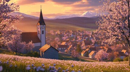A scenic overlook of a small village, illuminated by the first golden rays of an Easter morning.