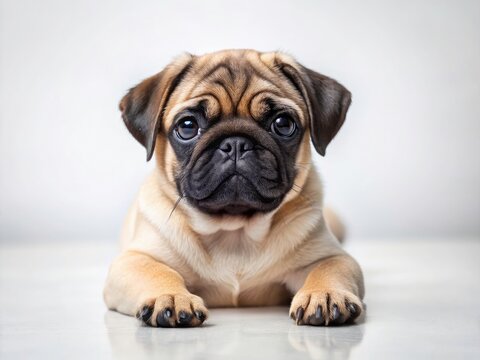 Studio portrait of a cute, quirky pug dog, lying down and looking adorable.