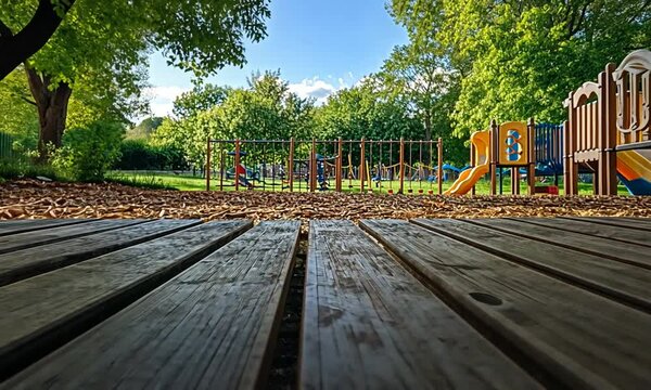 A serene playground scene with children playing on equipment surrounded by lush greenery