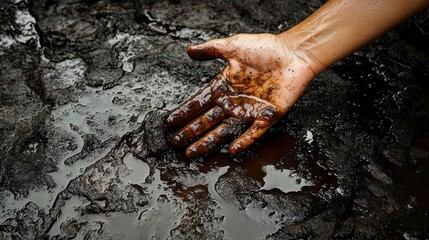 Fototapeta premium A hand with a crude oil stain above the surface of a dense heavy oil container