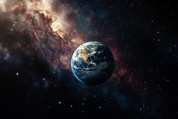 Obraz premium Earth floating in the vastness of space with vibrant nebula clouds and sparkling stars in the background, symbolizing the beauty and mystery of the universe