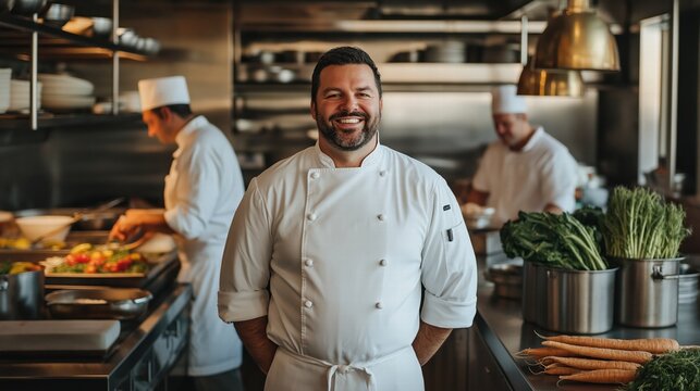 Smiling chef stands in restaurant kitchen with arms crossed and chefs working behind