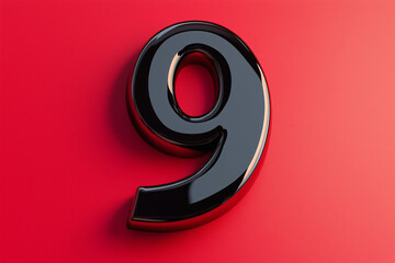 A glossy black number 9 on a vibrant crimson red background, reflecting natural light as if photographed in a studio.