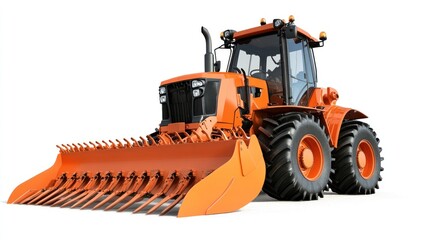 Fototapeta premium Orange tractor with snow plow, white background, agricultural machinery