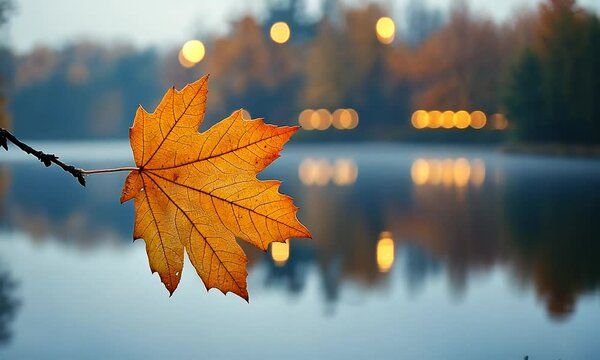 Autumn scene featuring a vibrant orange leaf against a serene lake with blurred lights in the background