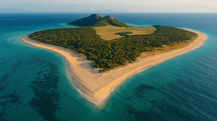 Heart-shaped island aerial view, turquoise water, sunny day, travel brochure