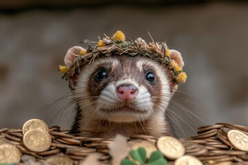Obraz premium A cute ferret wearing a flower crown surrounded by gold coins.