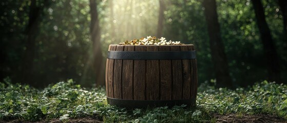 Fototapeta premium A pot of gold at the end of the rainbow, a barrel full of gold coins in a forest.