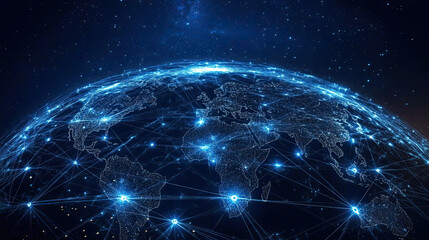 Global communication network concept with interconnected business nodes across the world, viewed from space