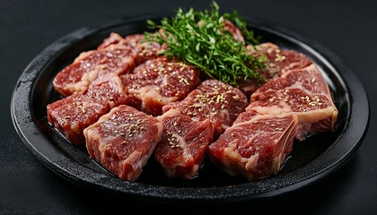 Obraz premium Beef slice on black pan plate for cooking dinner