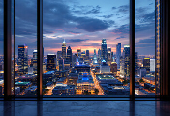 City Skyline at Dusk Seen Through Window with Urban Lighting