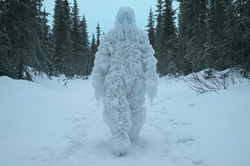 A mysterious ice creature walks through a snowy forest.