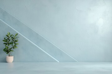 Minimalist interior with plant against blue wall.