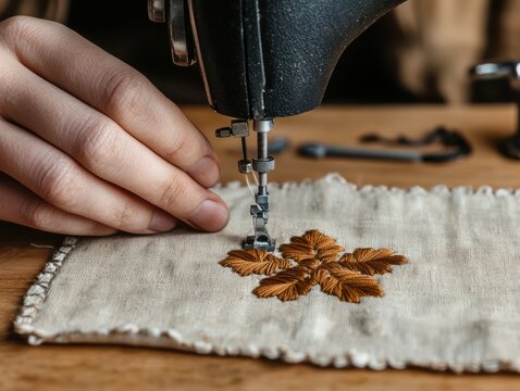 Close-up of a sewing machine embroidering a floral pattern on fabric.