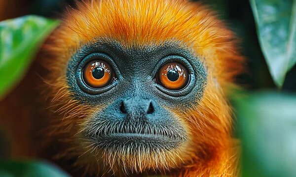 Close-up of a vibrant orange monkey with striking eyes surrounded by lush green foliage in a tropical setting