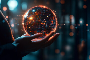 Glowing holographic globe representing global digital connections and technology in hands