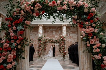 Naklejka premium A beautiful wedding ceremony with floral arch.