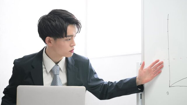 ホワイトボードでプレゼンなどで相手に説明する若手の新入社員のようなビジネスマン動画