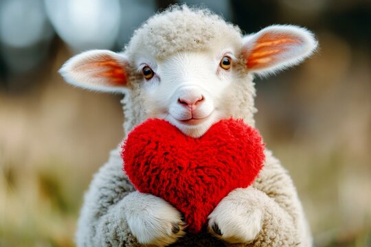 Digital ads animal creative. Sheep - my beloved animal. Cute sheep baby with fluffy red heart on in a natural habitat. Nature&acirc;&euro;&trade;s cutest love story. Nature&acirc;&euro;&trade;s affectionate side. Cute nature lov.