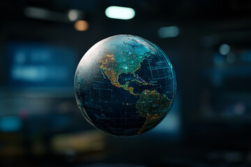 Holographic globe display in futuristic control room with digital data overlays representing global connectivity and technology