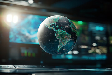 Holographic globe display in futuristic control room with digital data overlays representing global connectivity and technology