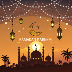 Mosque Silhouette Background In Sunset Sky Lantern, Ramadan Karim greeting card vector