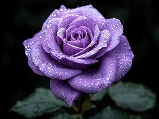 Purple rose with water droplets on petals.