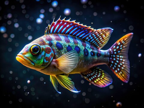 Stunning close-up:  a juvenile Giraffe Hap and a Nimbochromis Venustus, African Rift Lake cichlids,  black background.