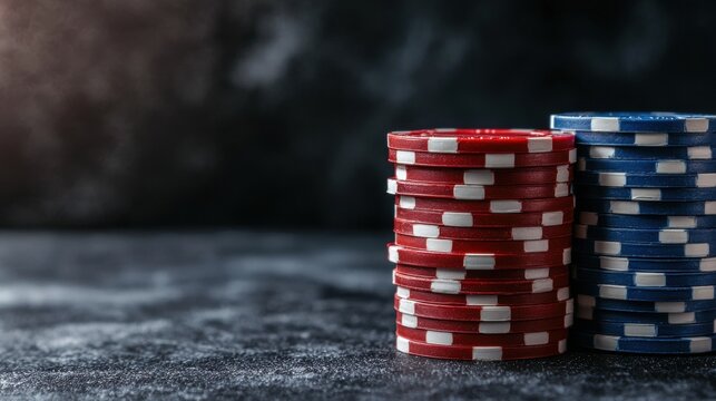 Stacks of red and blue poker chips on a dark background.