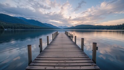 Fototapeta premium Tranquil sunset reflection lake pier photography nature serene beauty