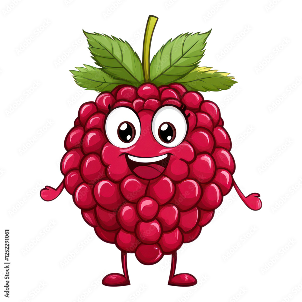 Poster cheerful raspberry character with smiling face and green leaves