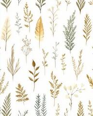 Delicate Botanical Illustration of Green and Gold Leaves on White Backgrounds and Flowers for Interior Decor Design and Home Decor in soft colors for textile and prints design, and illustration art